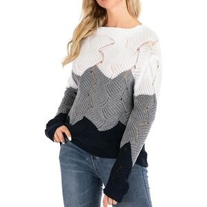 Women's Hollow Out Sweaters Color Block Boat Neck Slim Fit Knitted Pullover S